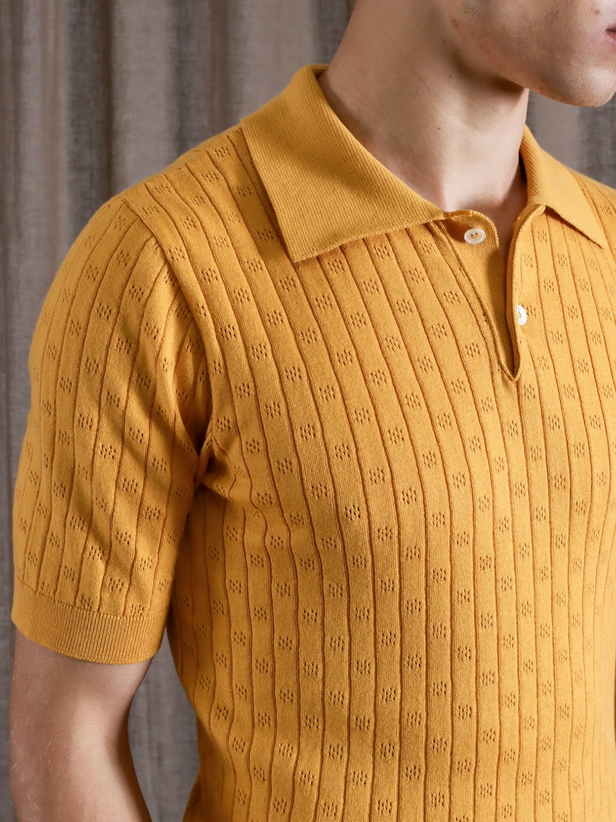 far afield jacobs polo ss short sleeve perforated lace design 100% bci organic cotton honey gold yellow knit sweater polo kempt athens ga georgia men's clothing store