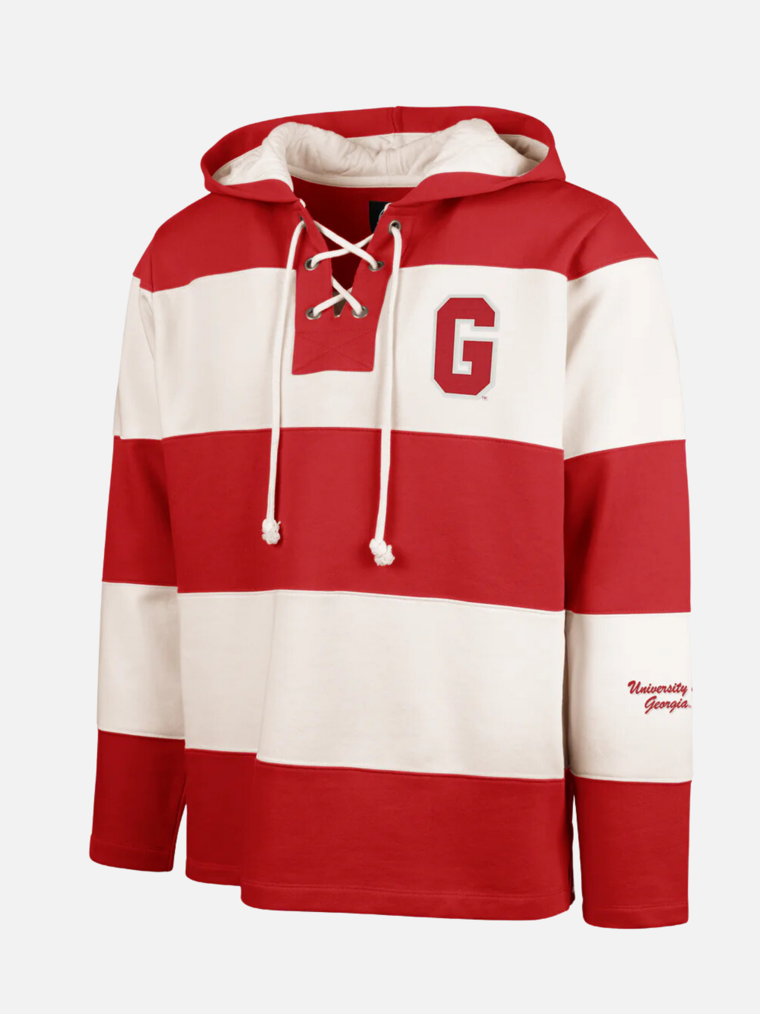 ‘47 Brand Georgia Bulldogs UGA Clubhouse Racer Laced Hoodie Striped Racer Red and Cream Monogramed Sleeve Kempt Athens Menswear Store VINTAGE CLUBHOUSE FLEX '47 FAIR CATCH LACER