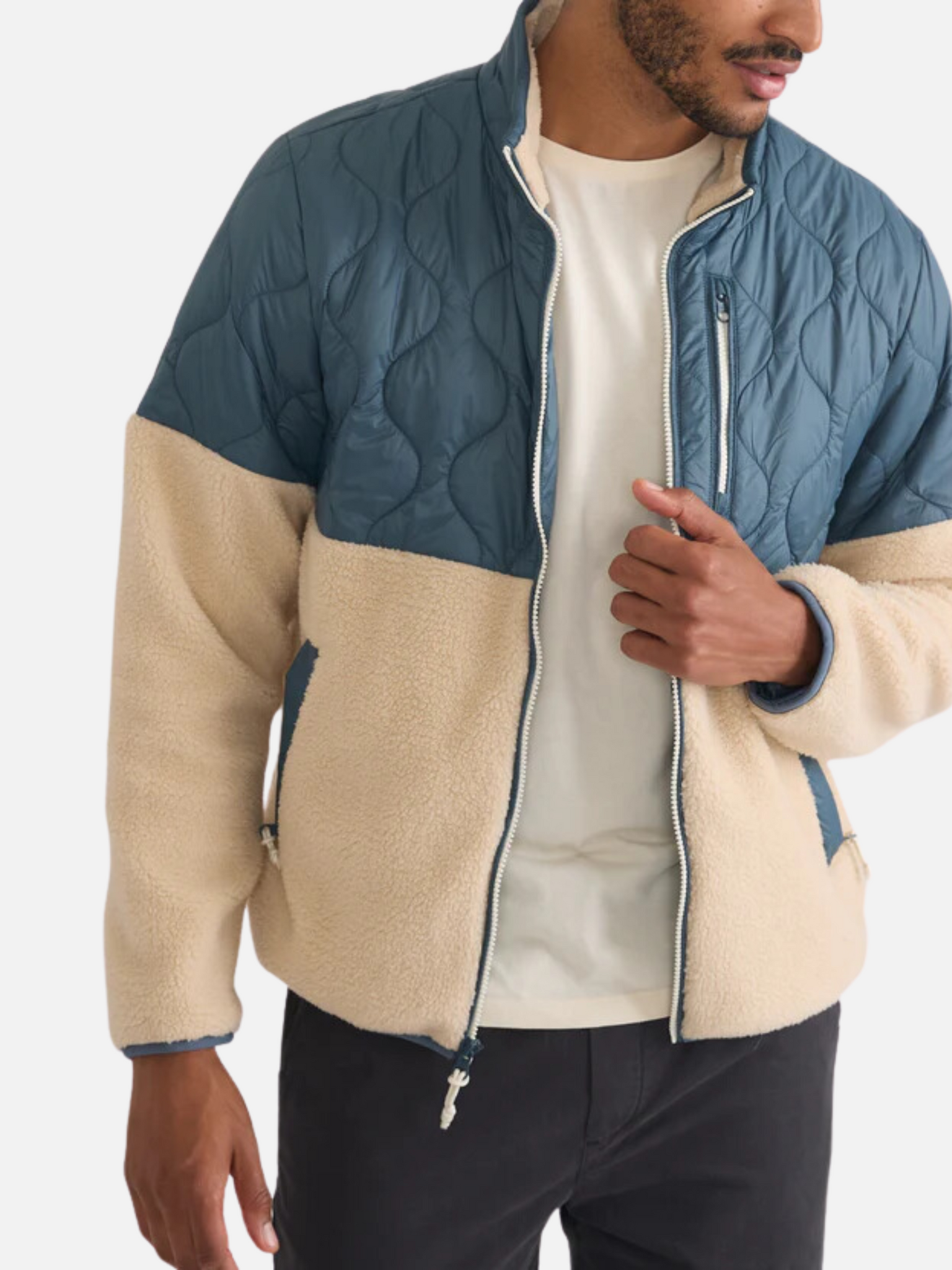 Marine Layer Bariloche Sherpa Jacket Orion Blue Natural Cream Quilted Collared Zip Up Front Pockets Men’s Zip-Up Athens GA Georgia Kempt Menswear Store Near Me