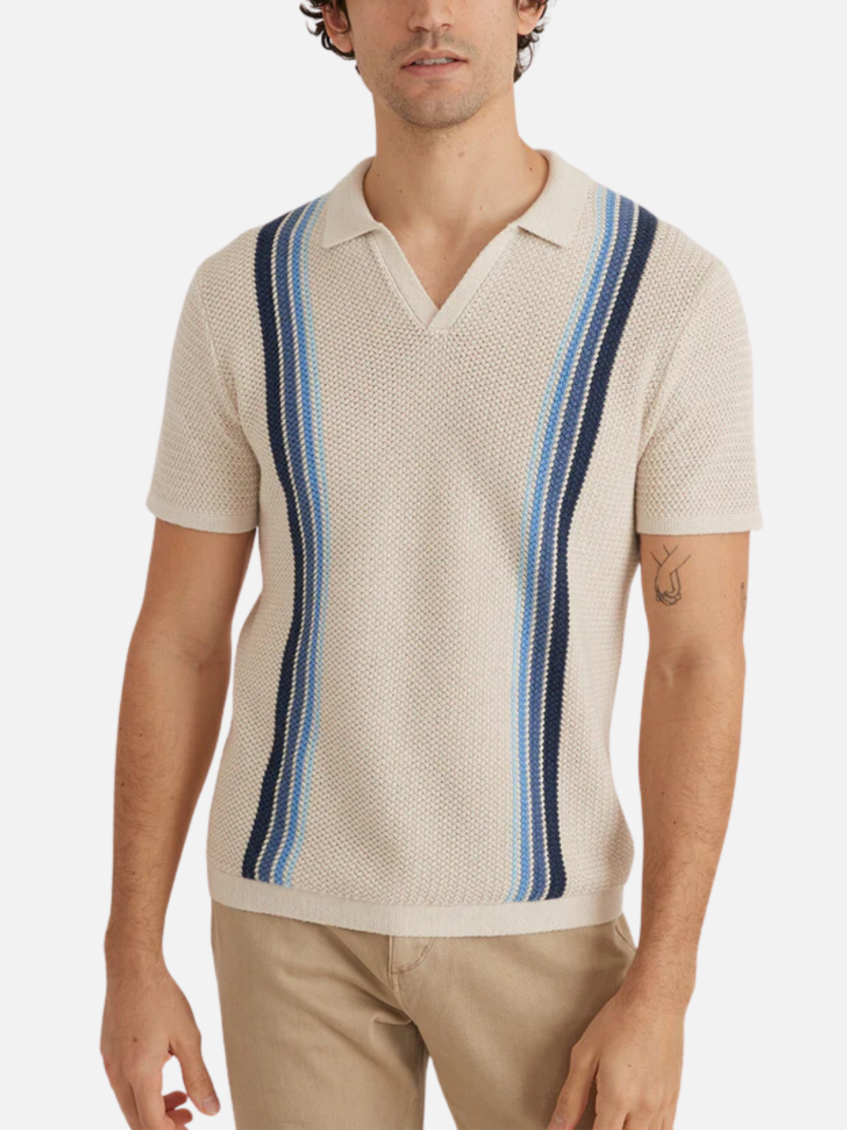 marine layer conrad stripe sweater polo 100% cotton construction oatmeal cream blue stripe kempt athens ga georgia men's clothing store