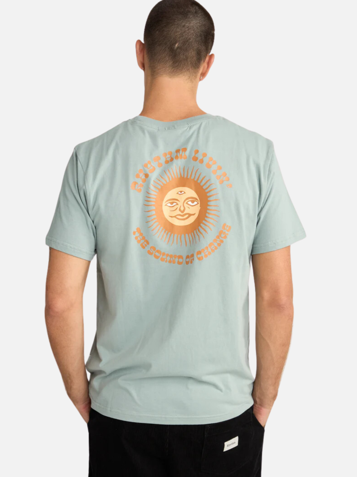 rhythm sun life ss short sleeve tee seafoam green 100% cotton t-shirt with orange and yellow printed graphic kempt athens ga georgia men's clothing store