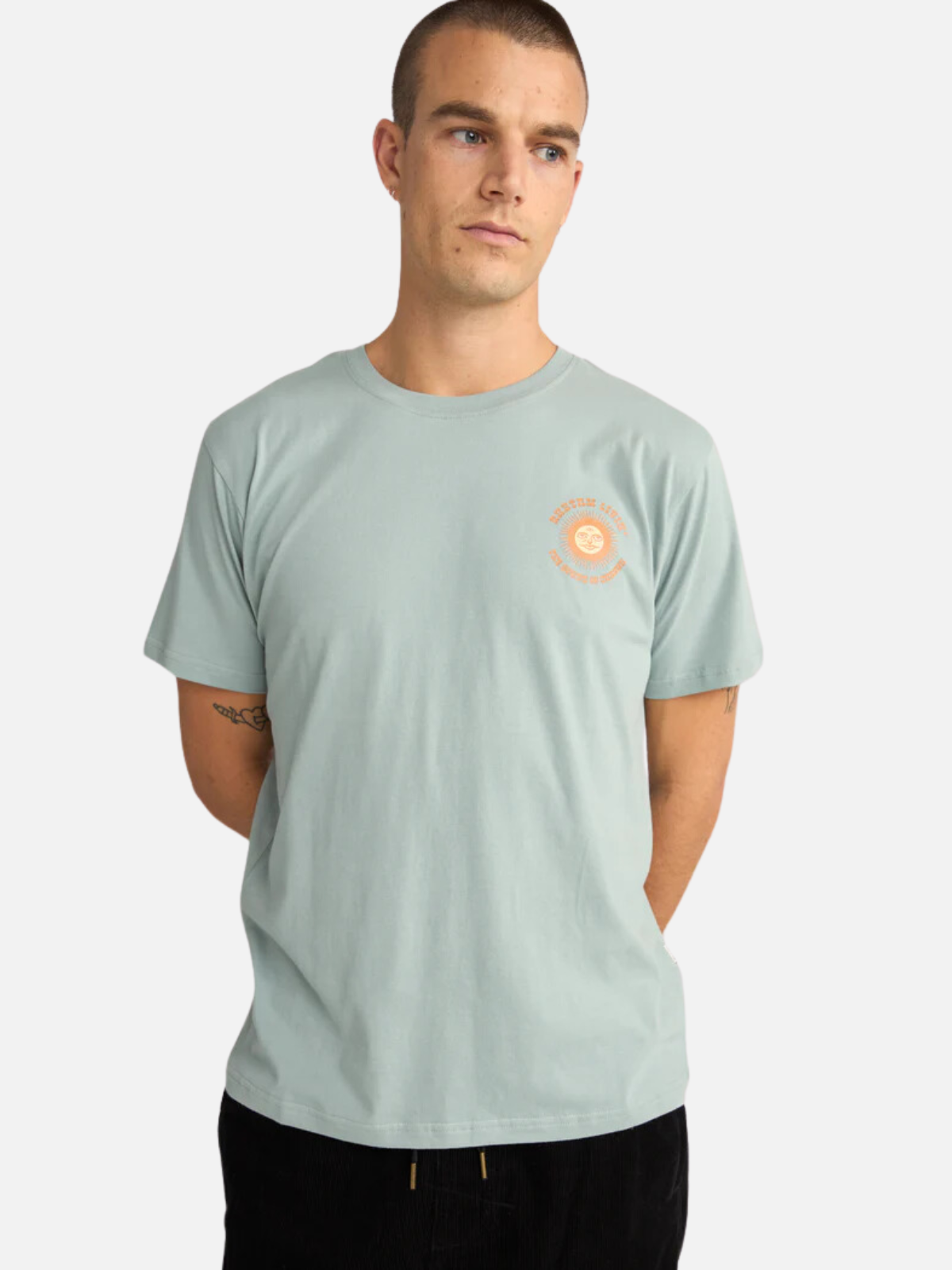 rhythm sun life ss short sleeve tee seafoam green 100% cotton t-shirt with orange and yellow printed graphic kempt athens ga georgia men's clothing store